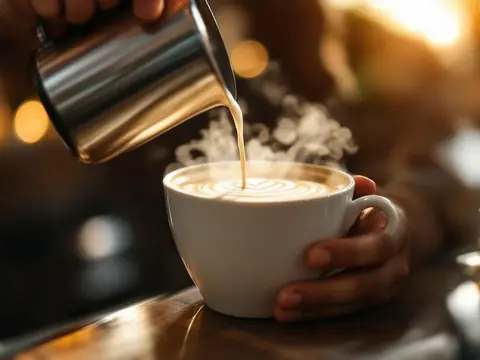 Barista pouring steamed milk to create latte art in a warm café