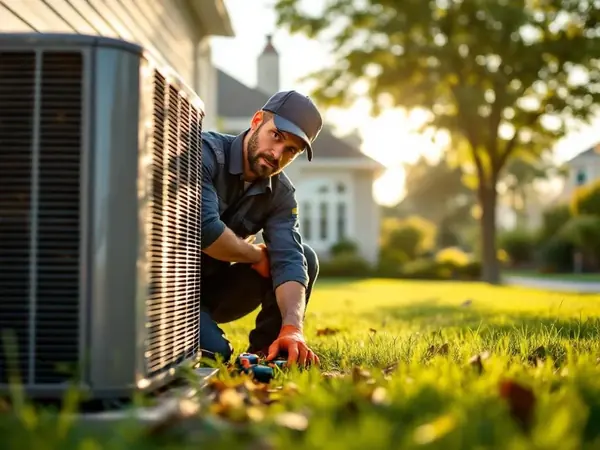 HVAC technician servicing an outdoor air conditioning unit at a residential home