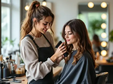 Hair stylist finishing a blowout on a female client in a bright modern salon