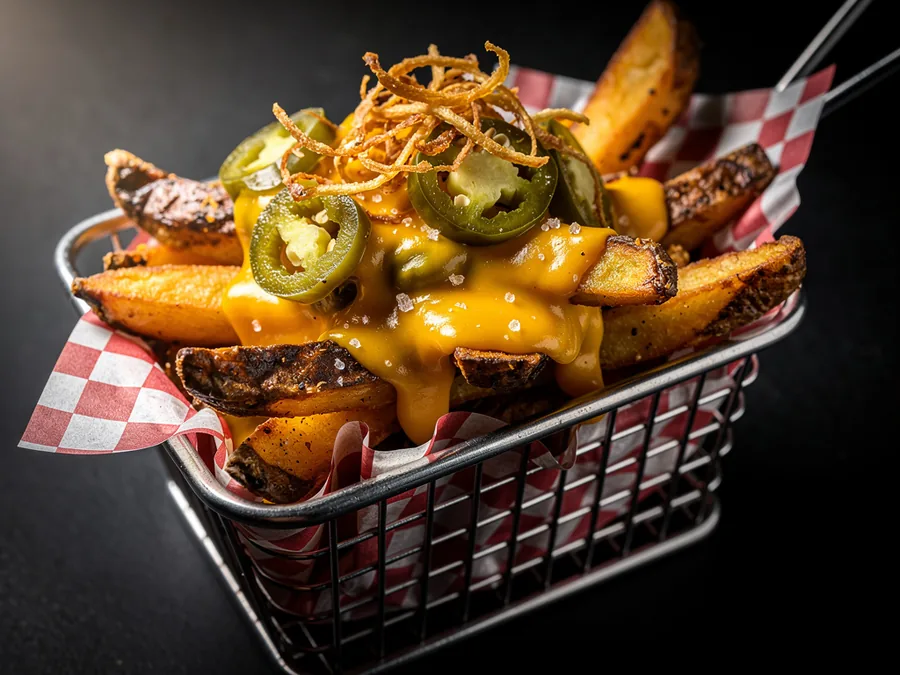 Basket of loaded fries — thick-cut steak fries covered in cheese sauce, jalapeños and crispy onion strings