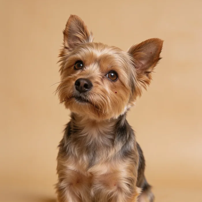 Yorkshire terrier with a silky trimmed coat, head tilted, against a warm stone backdrop