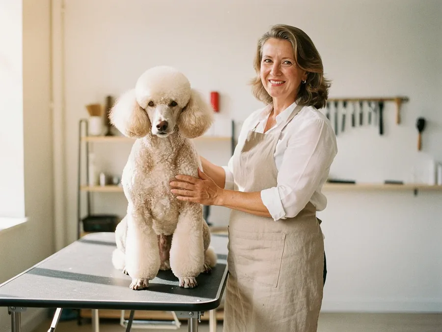 Alexandra Reyes, master groomer, standing beside a calm standard poodle in her studio