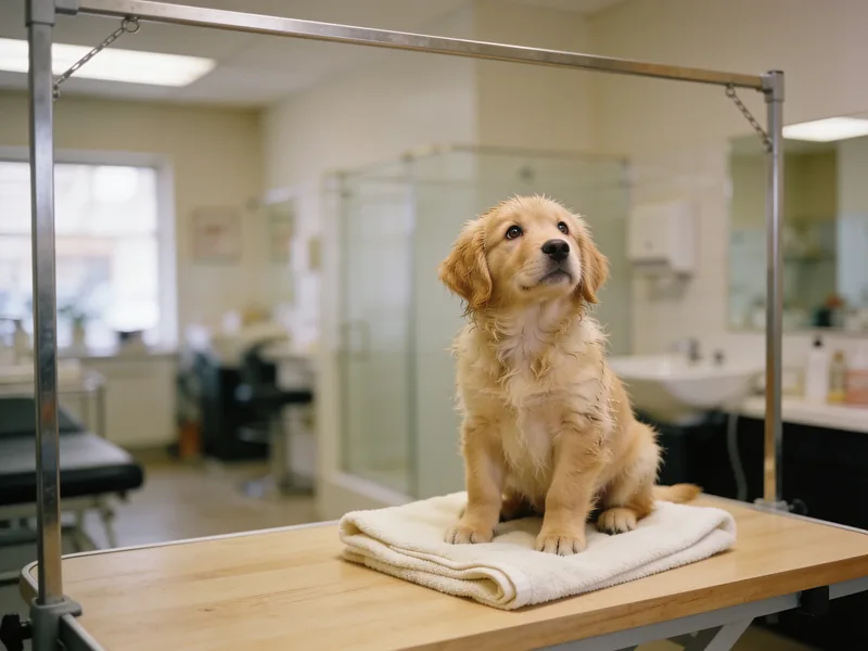 Golden retriever puppy sitting calmly on a folded ivory towel after a gentle blow-dry