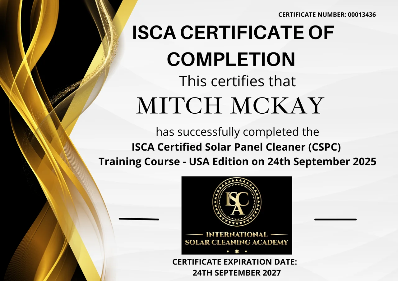 ISCA Certified Solar Panel Cleaning Specialist Certificate — Mitch McKay, certified September 2025, Certificate #00013436